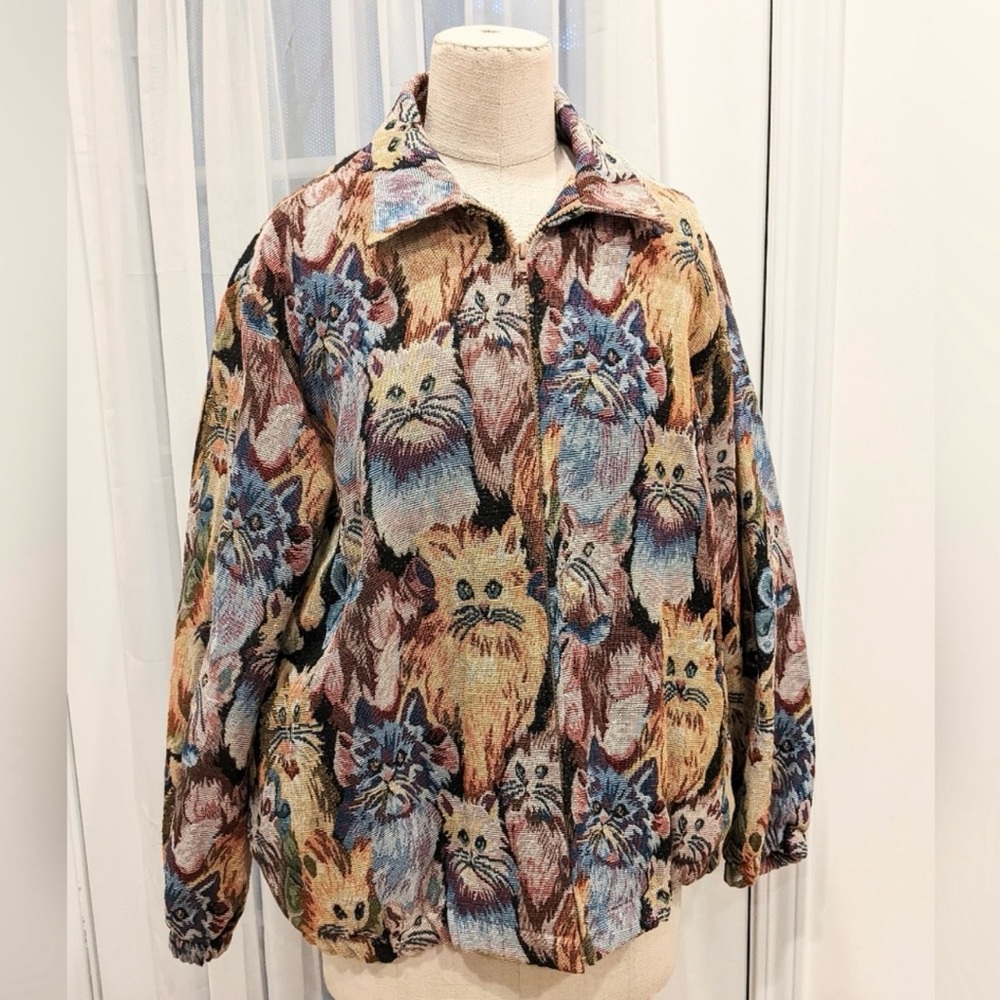 Cat Tapestry Jacket Large needlepoint vintage 1980's zipper pockets cute
